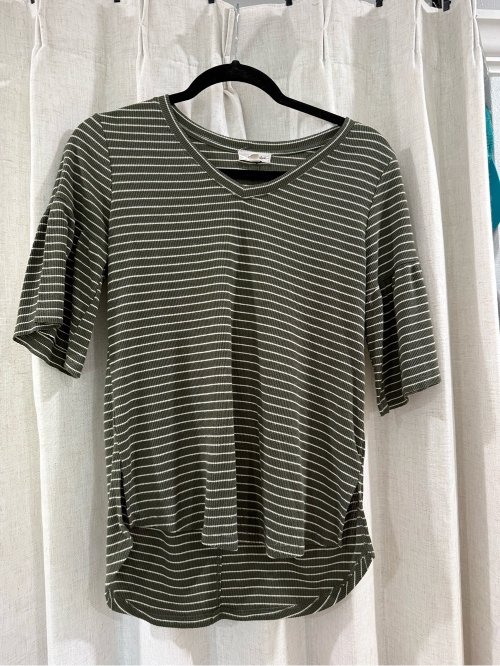Eyeshadow Olive and White Striped V-Neck Short Sleeve Top